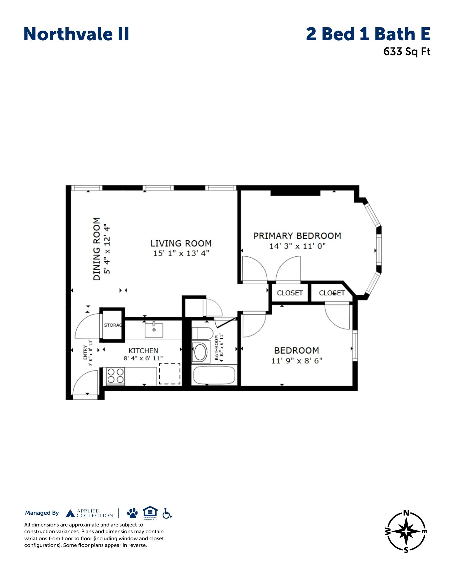Floor plan for 2 beds, 1 bath, 633 sqft